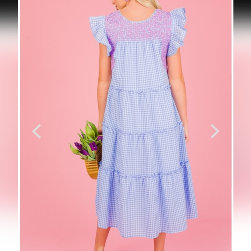 J. Marie Kayla Tiered Midi Dress Purple Gingham Embroidery S - Picture 11 of 12